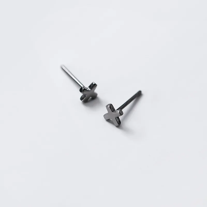925 Sterling Silver Black Cross Stud Earrings For Women Men Female Jewelry
