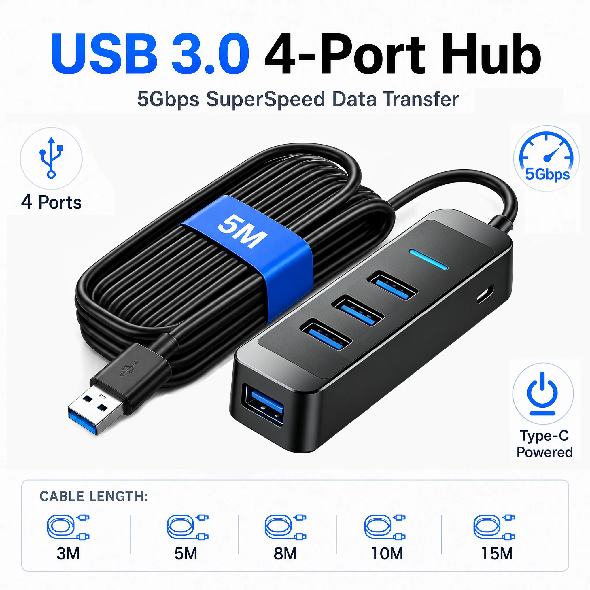 4-Port USB 3.0 Hub with 10FT Extension Cable for High-Speed Data Transfer