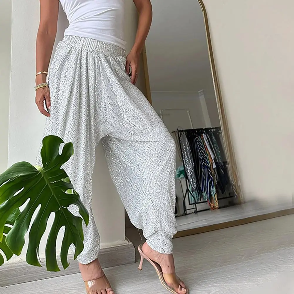 Solid Color Wide Leg Pants Elastic Waist Glitter Lantern Pants for Women Wide Leg Solid Color Trousers Party for Spring