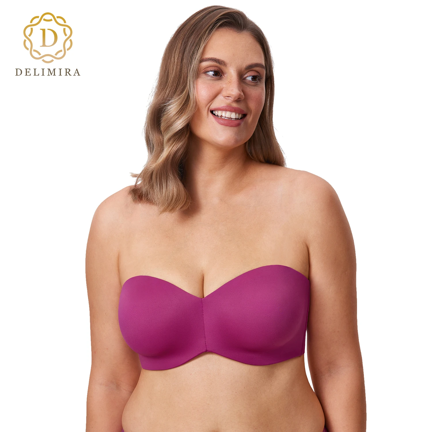 

DELIMIRA Women's Plus Size Strapless Minimizer Bra Smooth Unlined Underwire Support Anti-slip Silicone Full Coverage Bras E F G