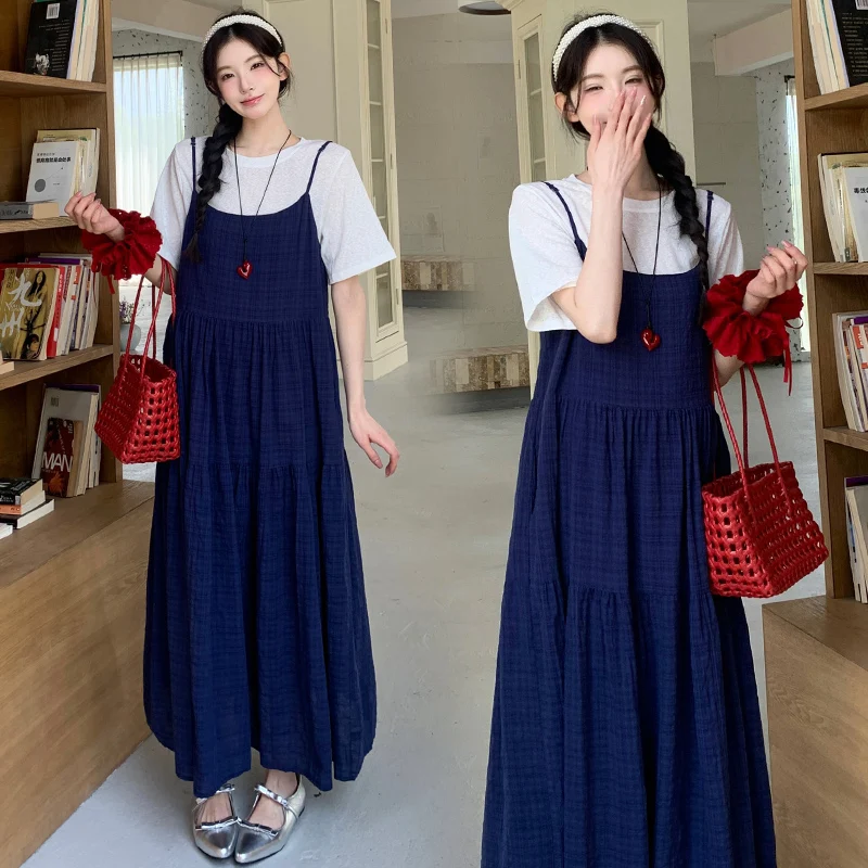 여름 의상 출산복 세트 한국 스타일 루즈한 체크무늬 스트랩 반팔 티셔츠 여성 투피스 세트 코튼 이너