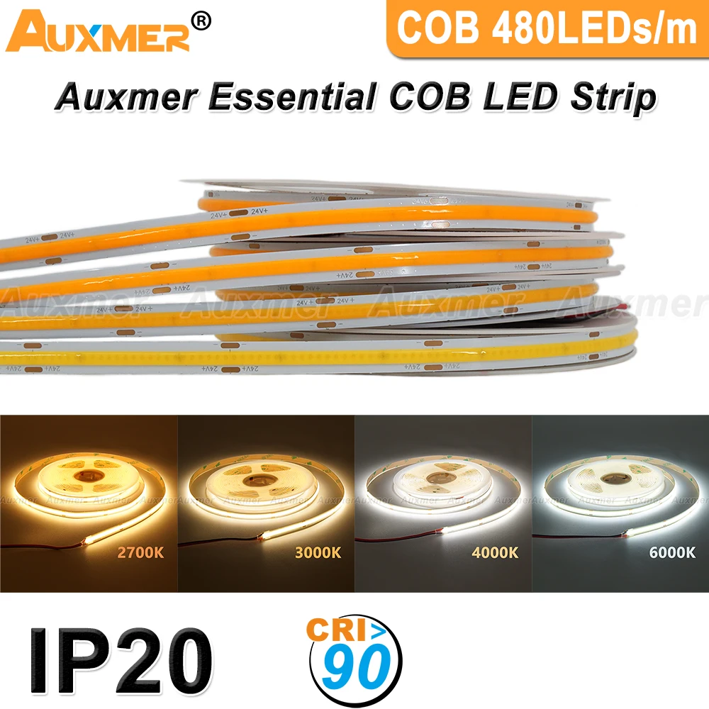 COB LED Strip Lights 480LEDs/m High Density Flexible COB LED Lights RA90 White 2700K-6000K LED Tape Dimmable DC24V 5m IP20