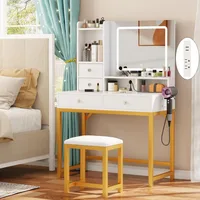 Vanity Desk with LED Lights Mirror and Power Outlets, Small Makeup Vanity Desk Stool Set with 4 Drawers, Dressing Tabl 1