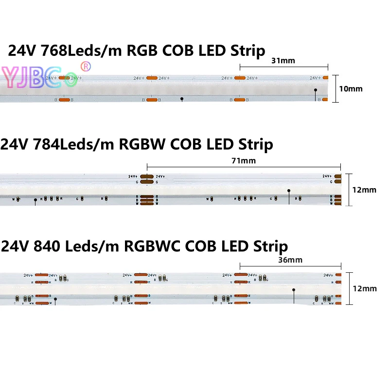 DC 12V 24V RGB RGBW RGBWC COB LED 스트립 768 840 LEDs/m 고밀도 유연한 FOB COB RA90 선형 Dimmable Led Taple IP33