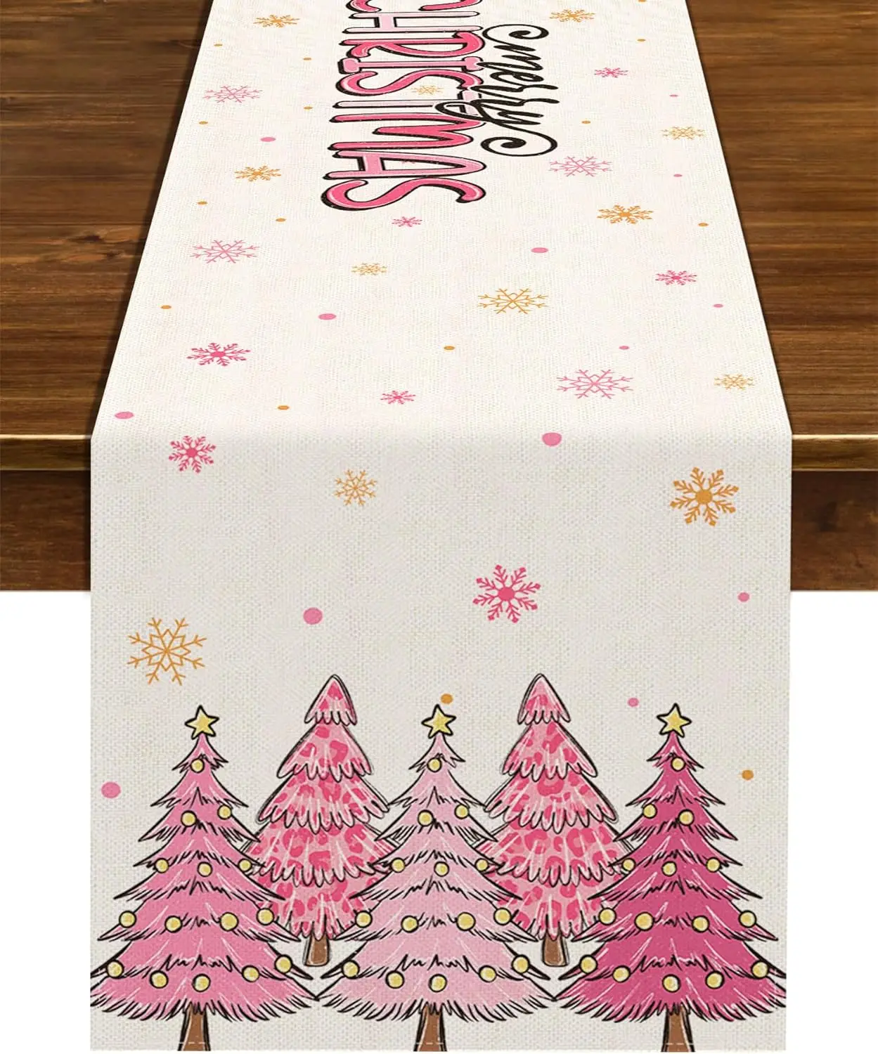

Christmas Pine Tree Snowflake Pink Linen Table Runners Holiday Party Decor Winter Xmas Dining Table Runner Christmas Decorations