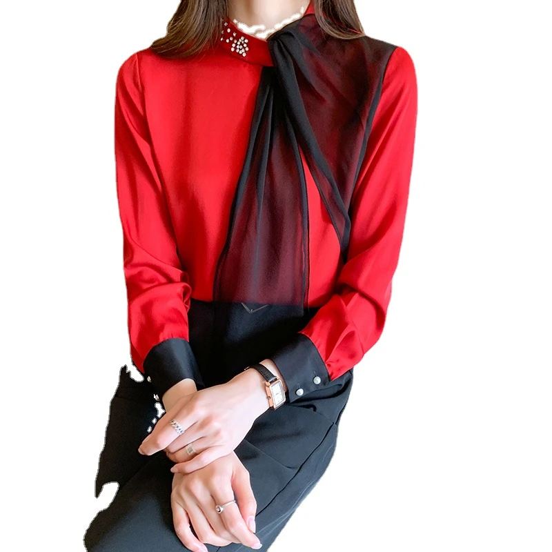 Blusas rojas de gasa para mujer, camisas elegantes de trabajo con cuentas, para primavera|Blusa| - AliExpress