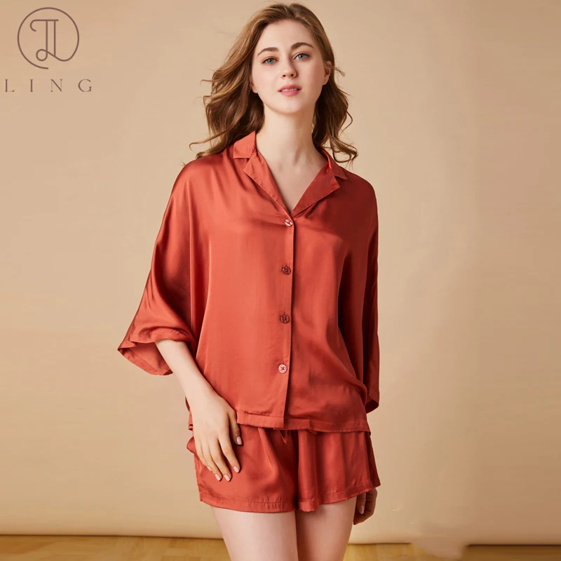 

Ling Women's Pajamas Sets Turn Down Collar Sleepwear Half Sleeve Nightwear Pyjamas for Women 2 Pcs Sleep Lounge Retro Elegant