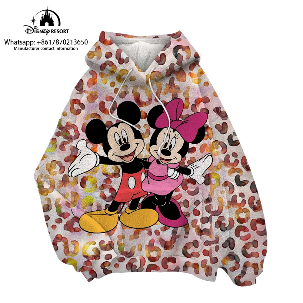 2022 New Children's Hooded Plush Sweater Mickey Minnie Cartoon Disney Winter Round Neck Women's Leopard Print Hoodie