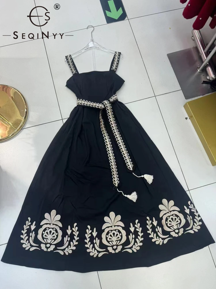 

SEQINYY Elegant Black Midi Dress Summer Spring New Fashion Design Women Runway Vintage Embroidery Flower Strapless Belt Casual