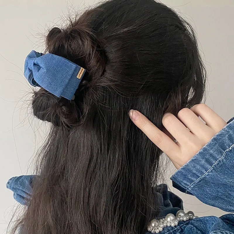 1PC Denim Stoff Haarspange Schleife Clip, Damen Eleganz Hinterkopf Hochsteckfrisur Griff Clip Elegante Hai Clip Haarnadel Kopfbedeckung – Detail 7