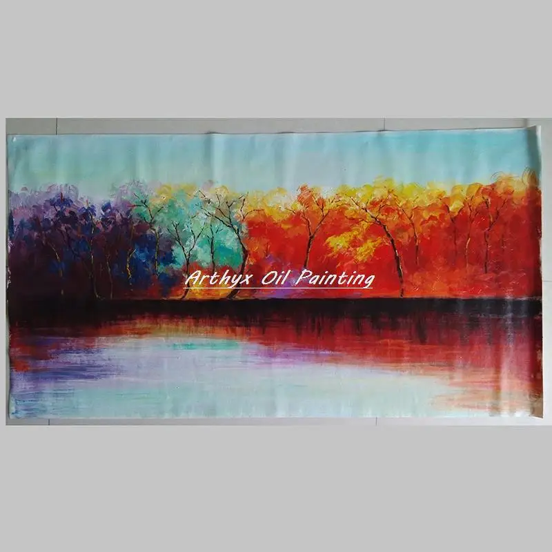 Arthyx 벽 예술 수제 사계절 나무 풍경 유화, 캔버스 추상 그림, 거실용 모던 홈 데코