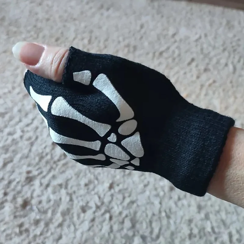 Skull Punk Gloves Black Neutral Half Finger Ghost Claw Knitted Gloves Exposed Finger Spot Nightlight Fingerless Elastic Gloves