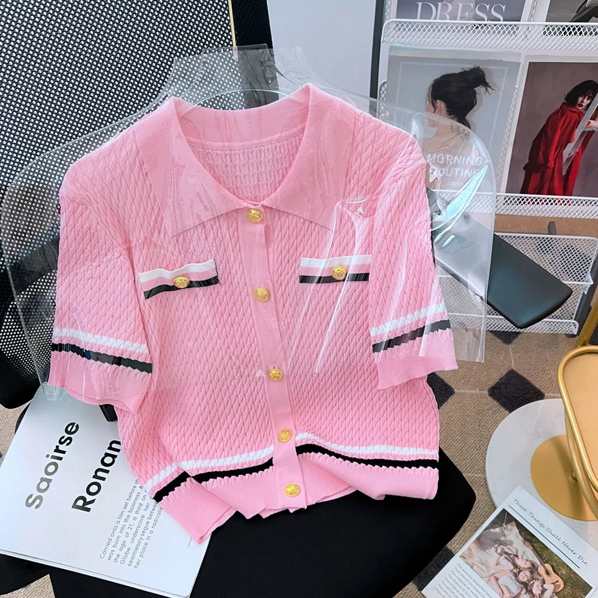 

Striped Knitted Sweater Cardigans Women Single Breasted Turn-Down Collar Korean Fashion Clothes Tops Mujer Pull pink cardigan