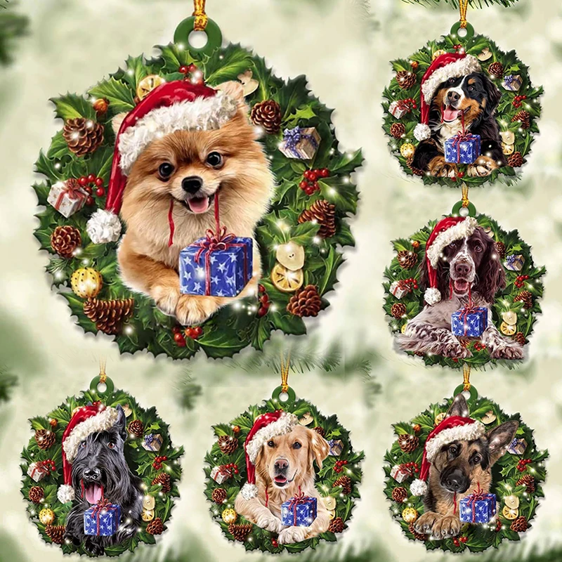 

Christmas Wreath Hanging Ornaments Acrylic Pet Dog Pendants Home Garden Decoration Bag Car Accessories Festival Party Supplies