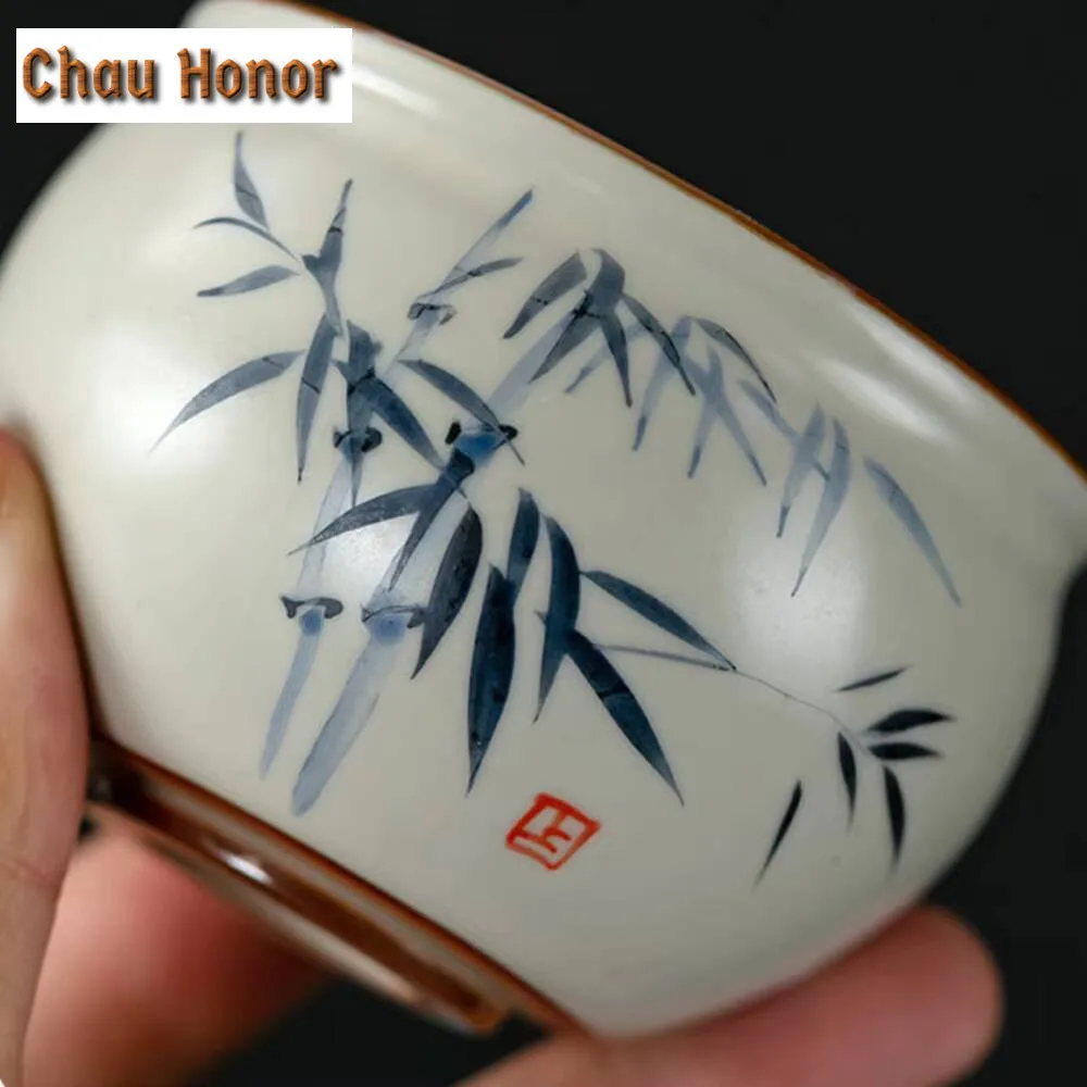 120ml Handmade Ru Kiln Porcelain Teacup  Hand Painted Bamboo Master Cup Personal Mug Can Nourishing Inlaid Silver Dragon Chazhan