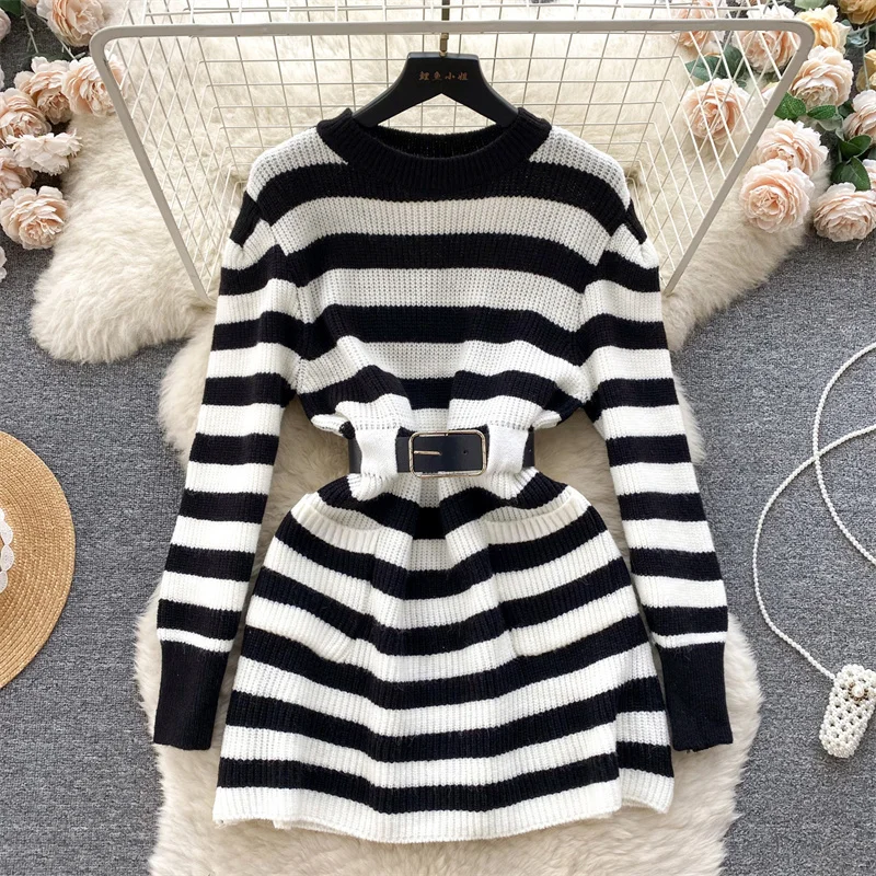 

Autumn Winter New Women High Waist Mid-length Knitted Dress With Belt Apricot Black Round Neck Long Sleeve Ladies A-line Dresses