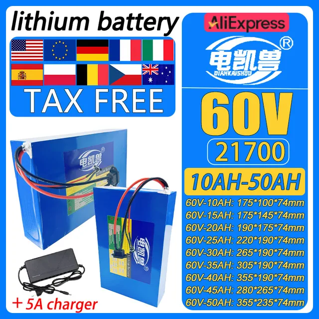 Batterie au Lithium 21700 60V 50Ah 45Ah 20Ah 25Ah 30Ah 35Ah 40Ah 15Ah, haute puissance 3000W pour moto et scooter électrique avec BMS 1
