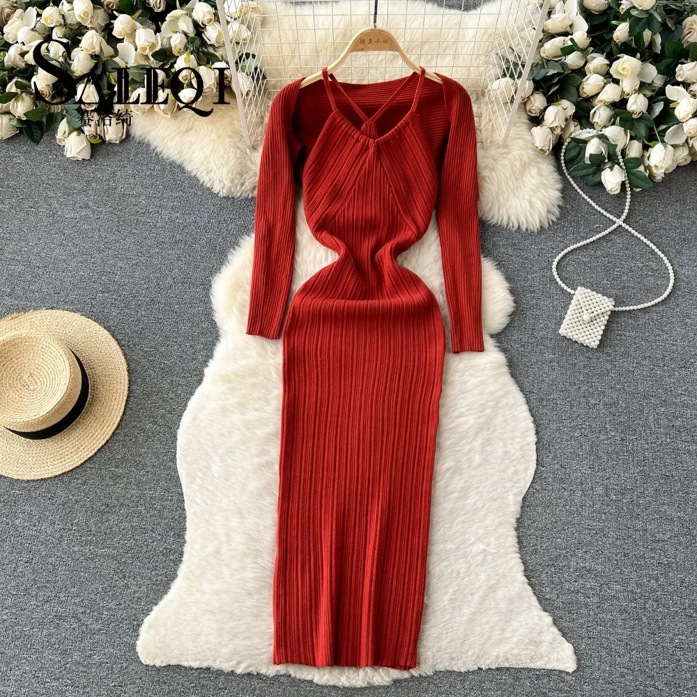 

Elegant Halter Long Sleeve Off Shoulder Knit Bodycon Pencil Dress Slim Basic Fashion Sweater Vestido Sexy Women Clothing