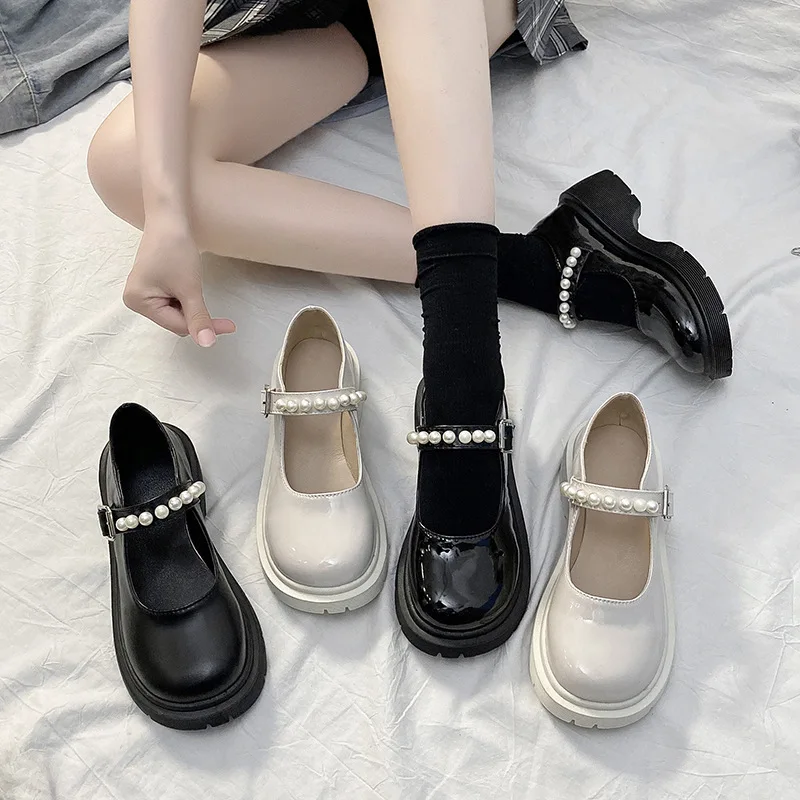 French Retro British Style Small Leather Shoes Women's 2022 Spring New Pearl Design Female Niche Mary Jane Shoes Lolita Shoes