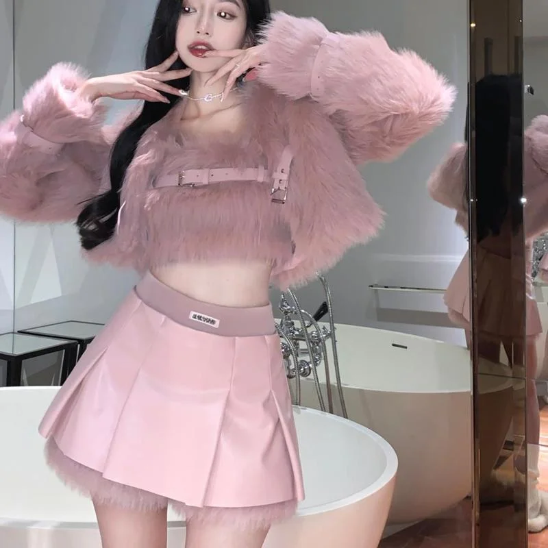 Women Short Pink Suit Faux Fox Fur Jacket And Mini Skirt Sets Chic Warm ...