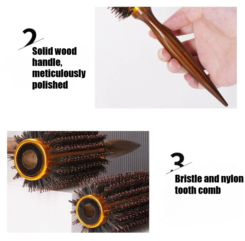1pc 천연 멧돼지 강모 라운드 브러시 나무 손잡이 헤어 드라이 스타일링 컬링 Detangling 헤어 브러시