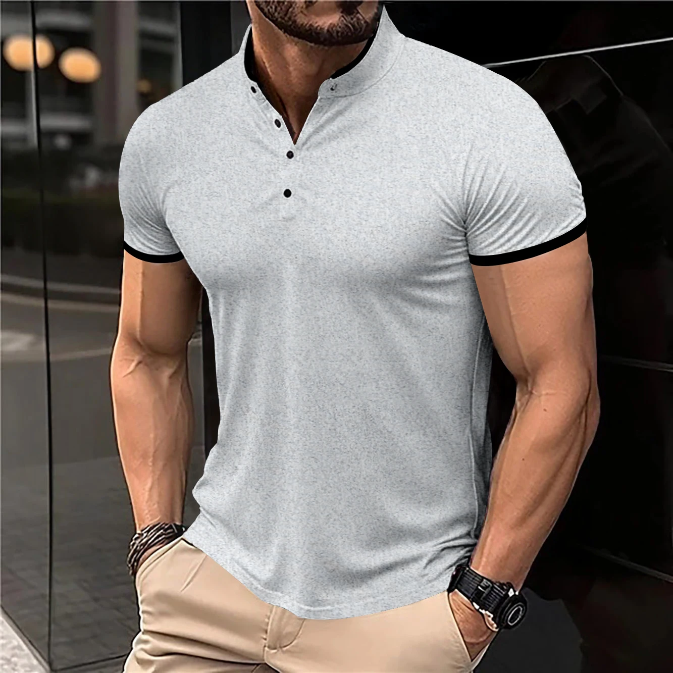 2025, neues Herren-T-Shirt, lässig und modisch, einfarbig, kurzärmelig, Stehkragen, Sommer, vielseitiges und bequemes Oberteil – Detail 7