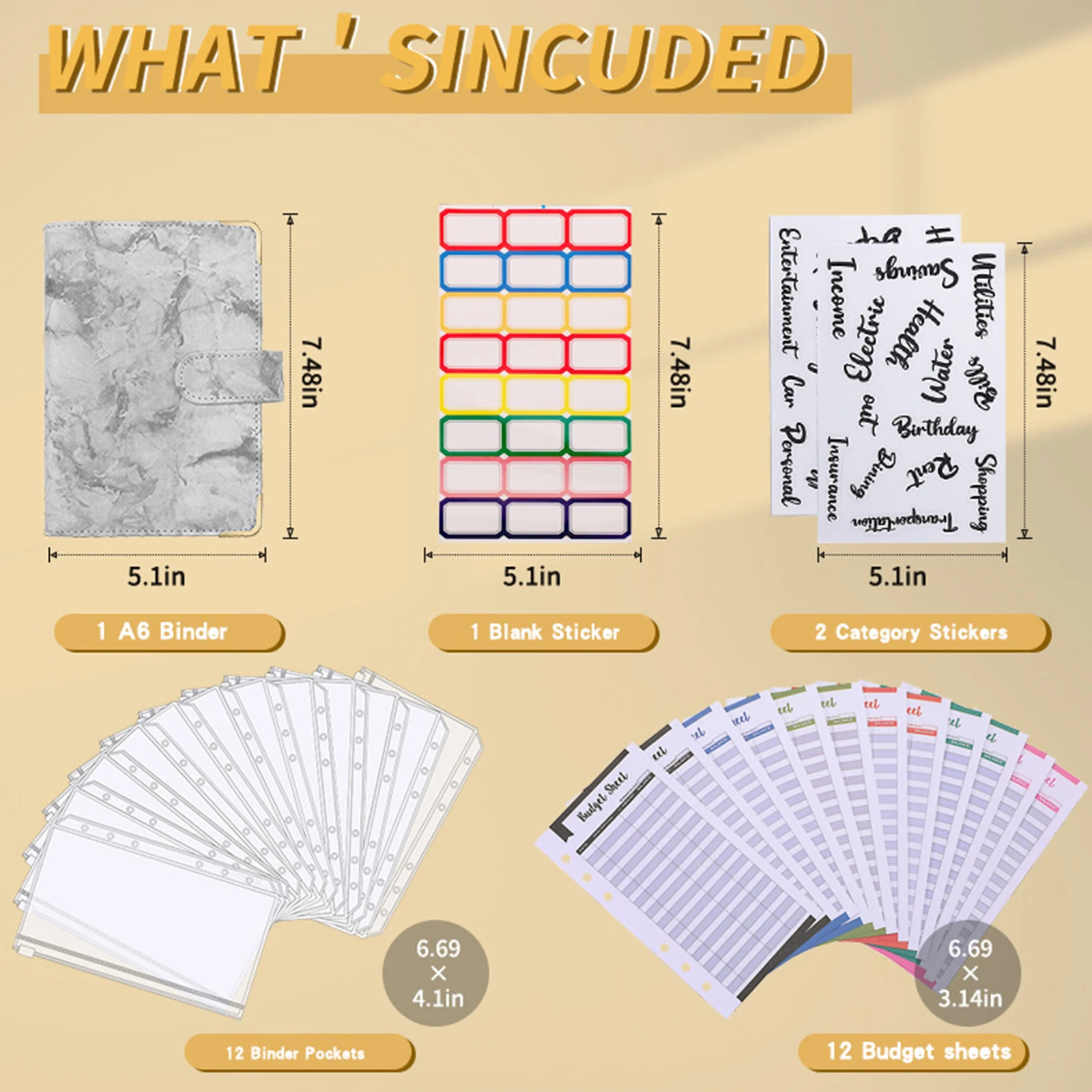 A6 Budget Binder with Marble Texture Pattern PU Leather Notebook Cover Zipper Envelopes Lable Stickers Ruler as Money Organizer 3
