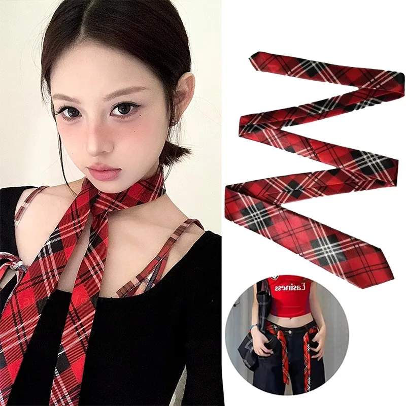 Y2K Vintage Black Red Striped Neckerchief Long Skinny Plaid Striped Waist Belt with Jeans Decor Accessory Versatile Hairband