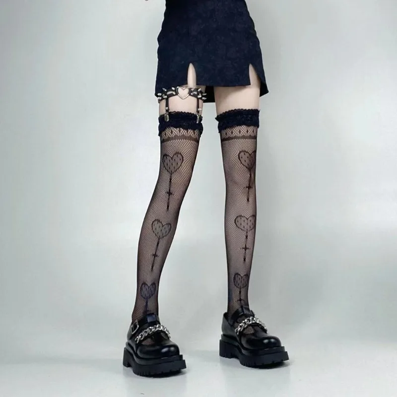 

Sexy and Cute Lolita Lace Black and White Fishnet Socks Female Japanese Pink Bow Personality Hollow Knee-length Calf Women Sock