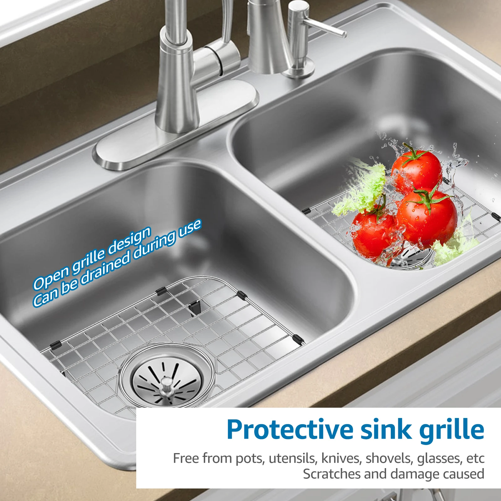 2Pcs Sink Grid Stainless Steel Sink Protectors Effective Protection Drainage Racks with Rubber Padded Feet Easy to Clean