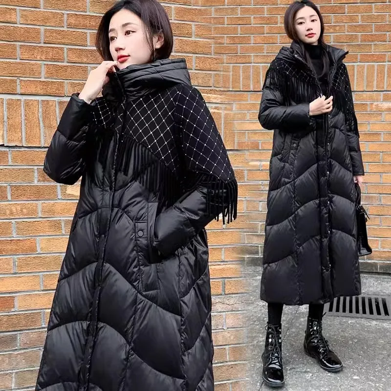2023 Nuovo Piumino Invernale Da Donna Lungo Caldo Piumino Parka Chic Plaid Nappa Splice Piumino Nero Donna Con Cappuccio Piumino