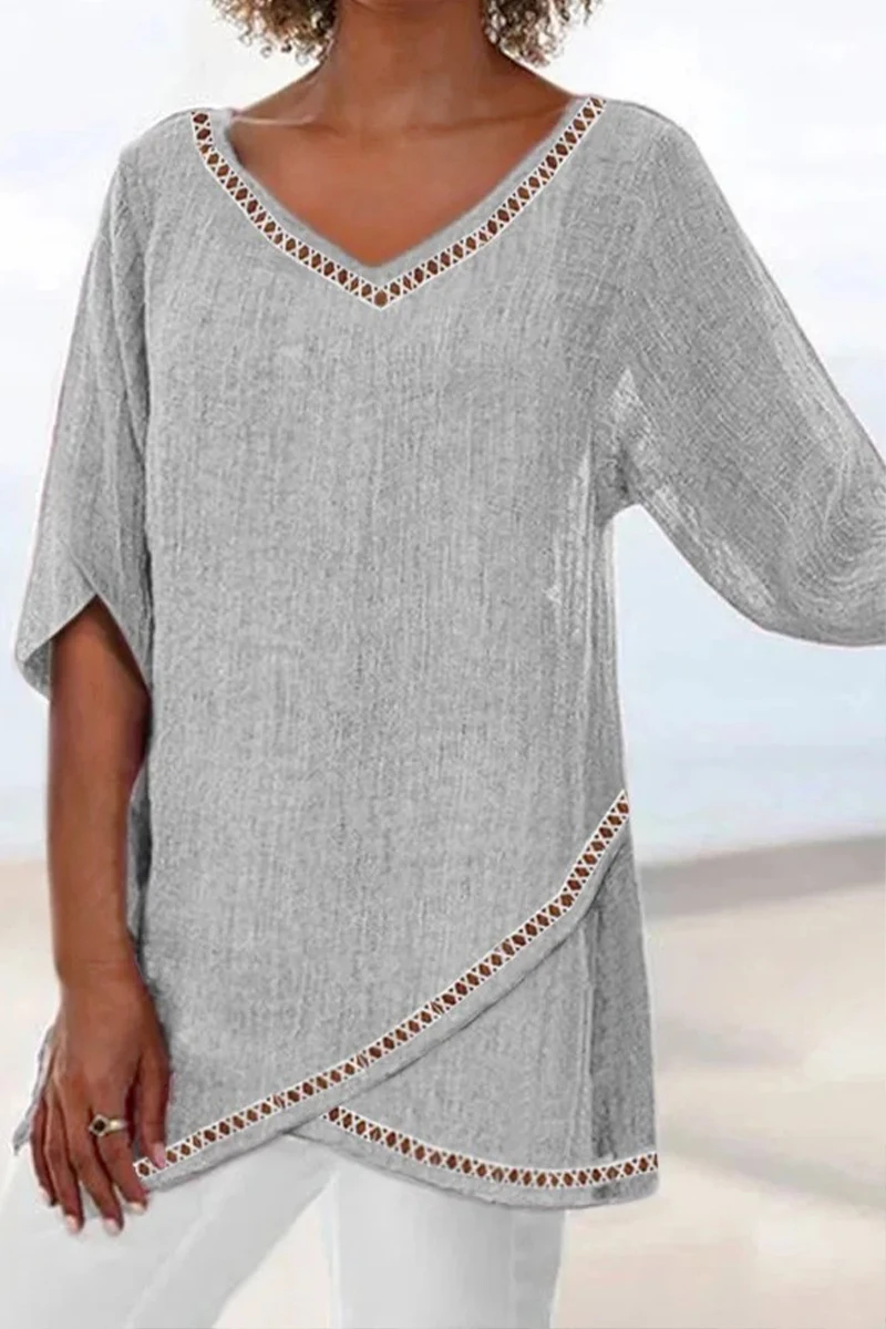 Blouse-for-Women-Plus-Size-Casual-Grey-Linen-Lace-Panel-Asymmetrical ...
