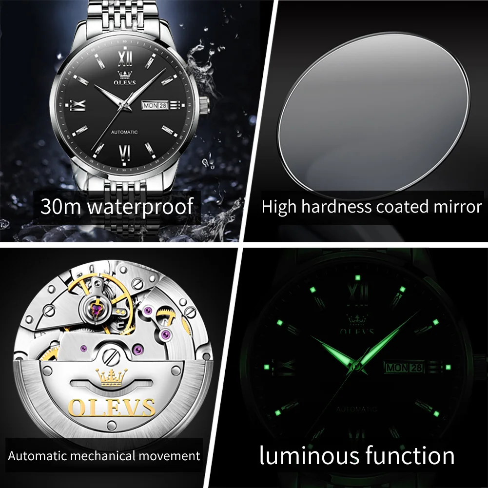 OLEVS Brand 2024 Fashion Mechanical Watch for Men Stainless Steel Waterproof Luminous Hands Week Calendar Luxury Watches Mens