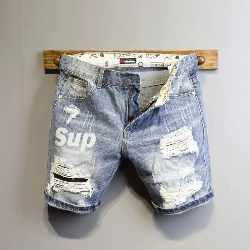Summer Light Blue Ripped Cat Whisker Patch Letter Print Slim Denim Shorts Teenagers Jeans Boys and Girls Cowboy Short Pants