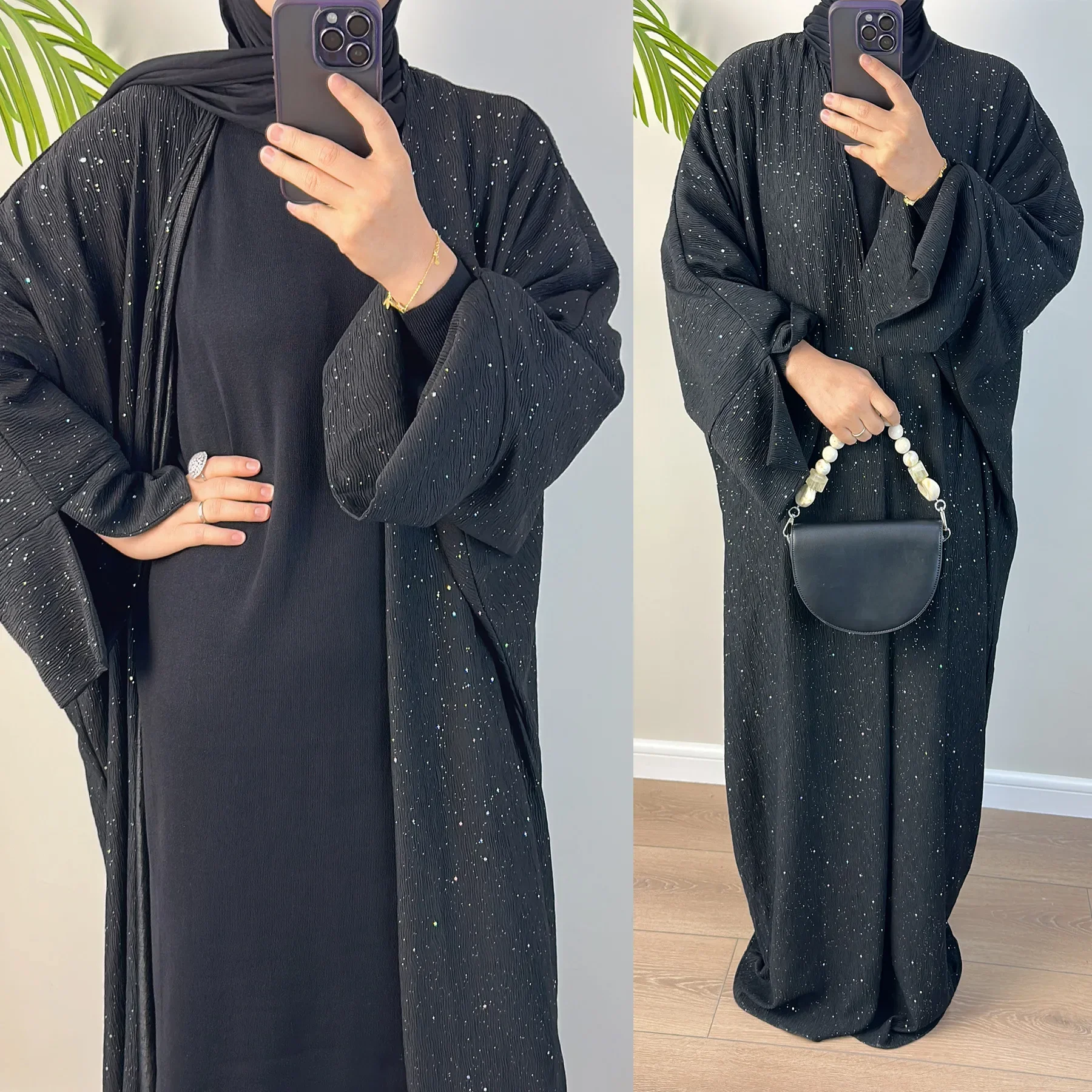 Winter Abaya Kimono with Shining Powder Thicken Plain Abayas for Women Dubai Autumn Modest Hijab Dress Islam Outfit Kaftan Robe
