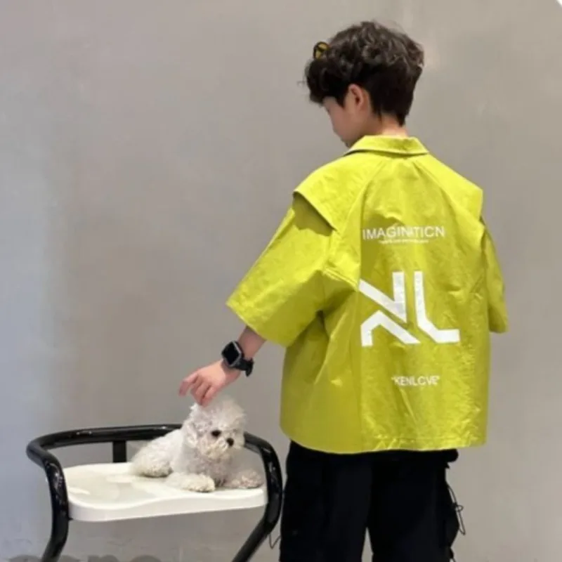 2026 여름 신상 남아 반팔 셔츠 중대형 아동용 면 통기성 캐주얼 셔츠 트렌디 아우터웨어