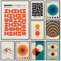 Abstract Orange Bauhaus Geometric Poster Pop Art Sunrise & Bicycle Wall Art Prints for Modern Living Room Dormitory Home Decor