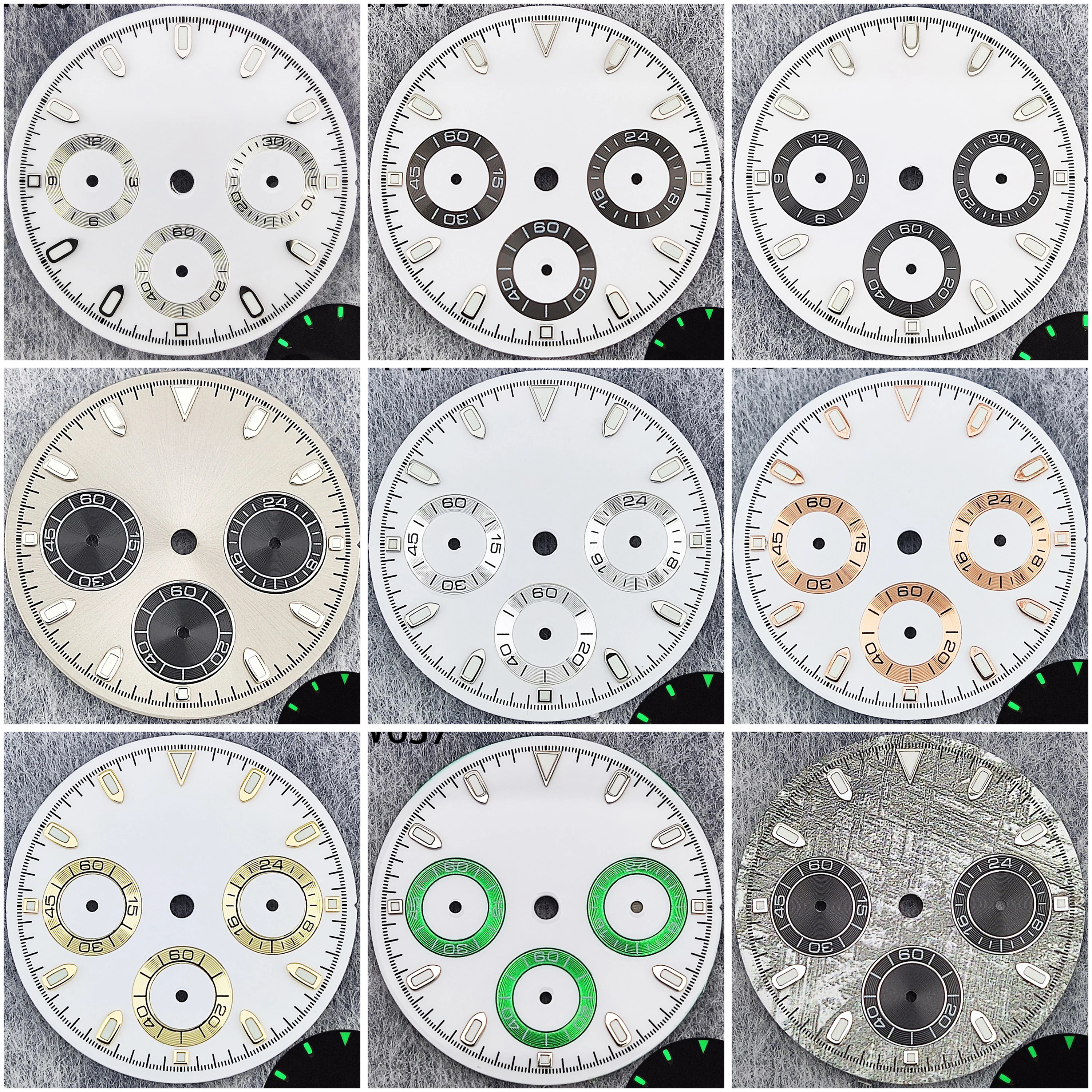 29.5mm Green Luminous Chronograph Dial with 6 Hands for Quartz Movement Watches
