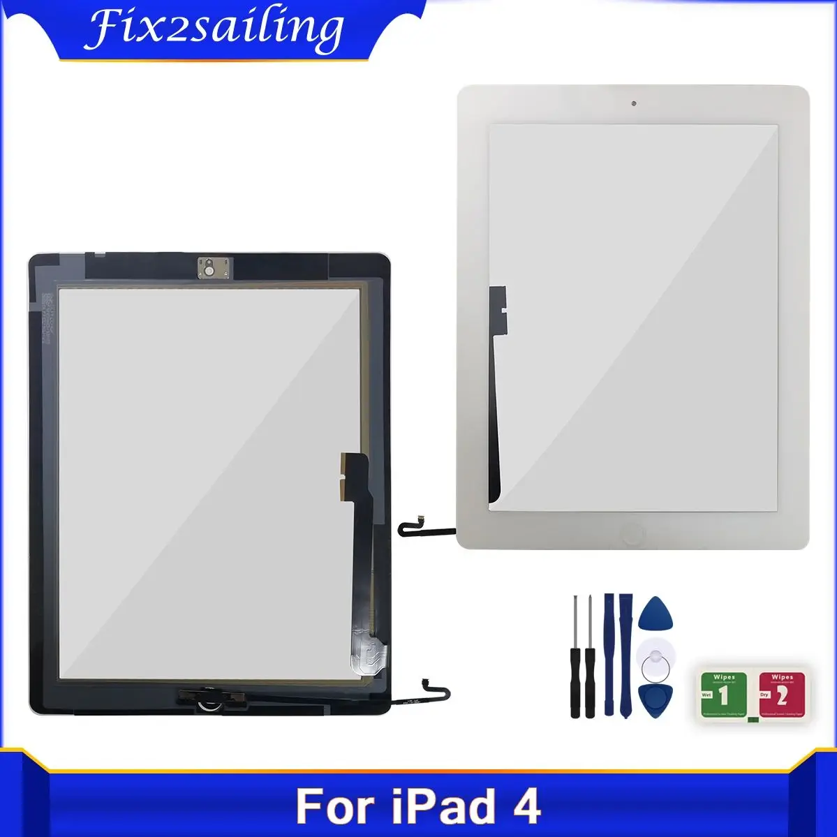 Ricambio P4W Vetro Touch screen Bianco completo di Tasto Home per iPad 4