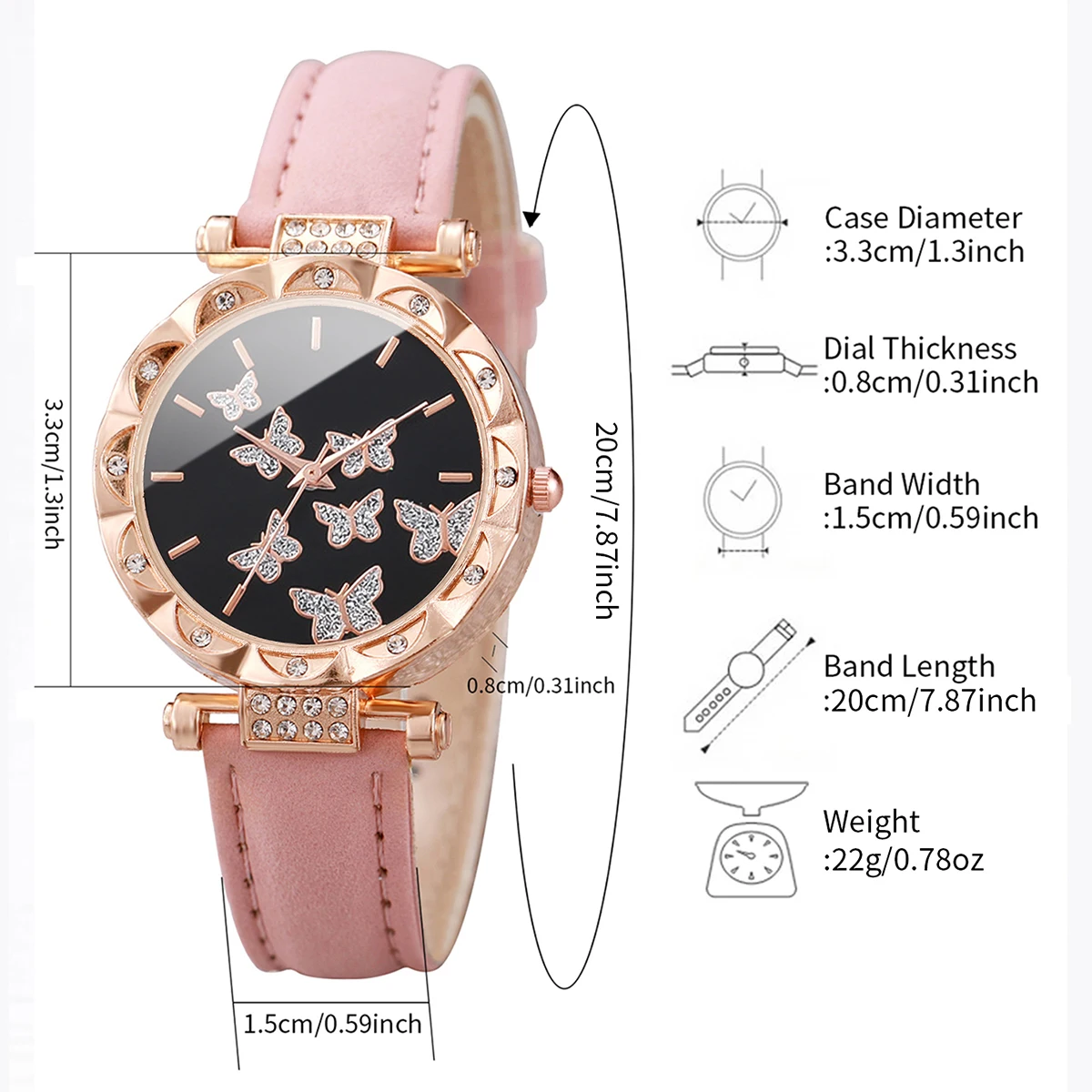 6pcs/set Fashion Butterfly Dial Women Watches Rhinestone
