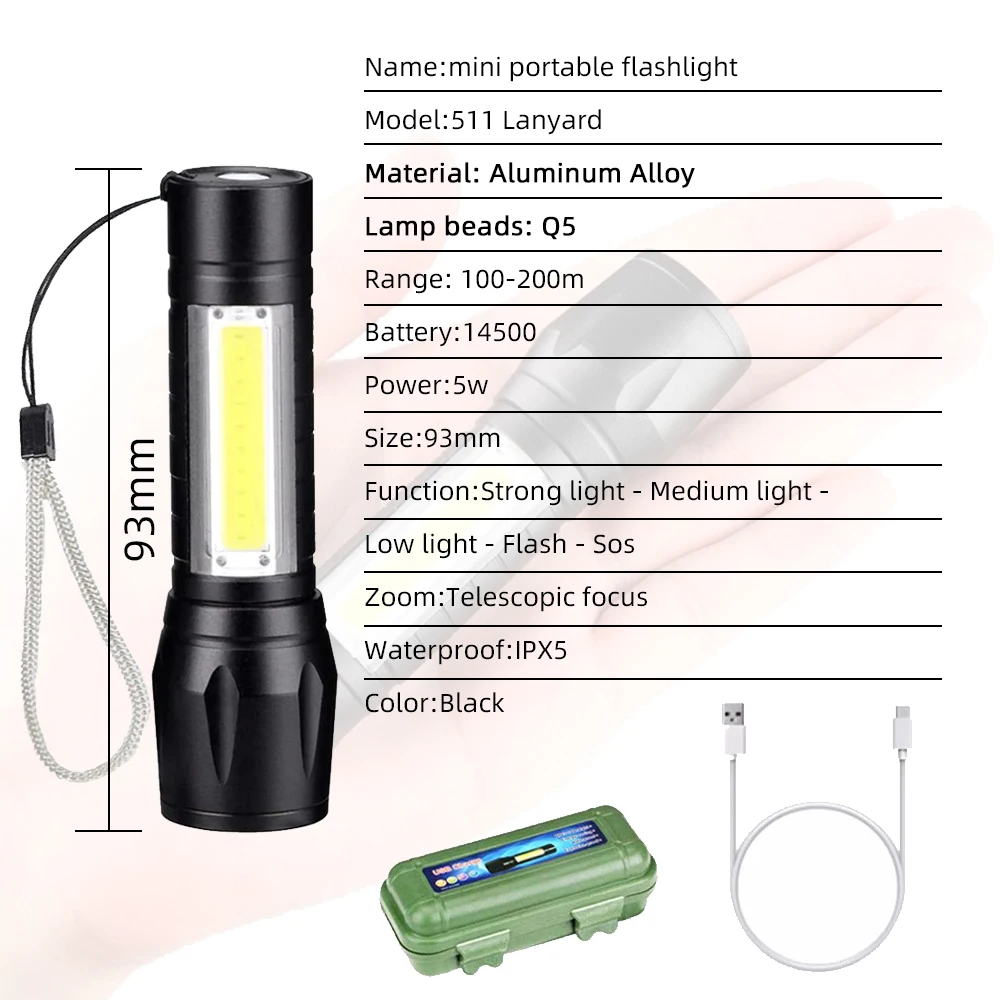 Mini Linterna LED Recargable Luz Zoom Largo Alcance Camping 511 –