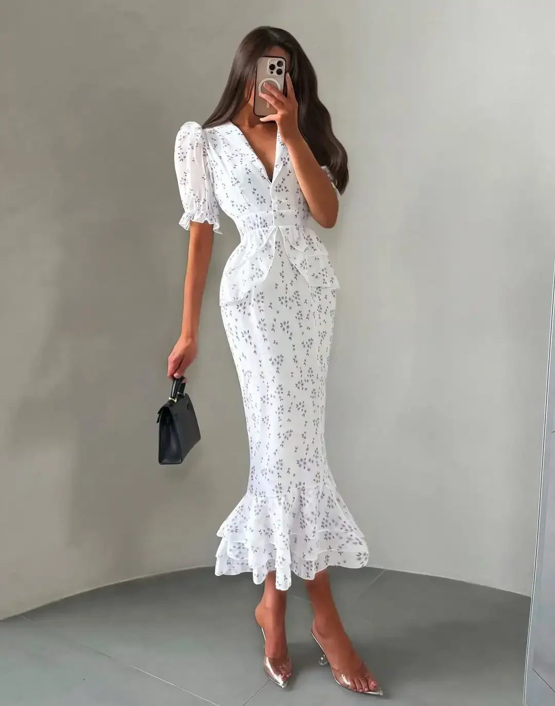 Women Elegant Printed V-neck Dress Chic Lapel Waist Cinched Pleated High Waisted Dresses 2026 Summer New Lady Vacation Gowns
