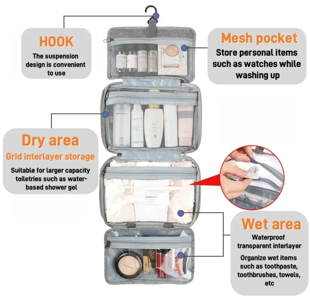 Travel Toiletry Bag with Hook, Portable Makeup Cosmetic Organizer Bag for Full-Sized Shampoo, Toiletries, Makeup Accessories 4