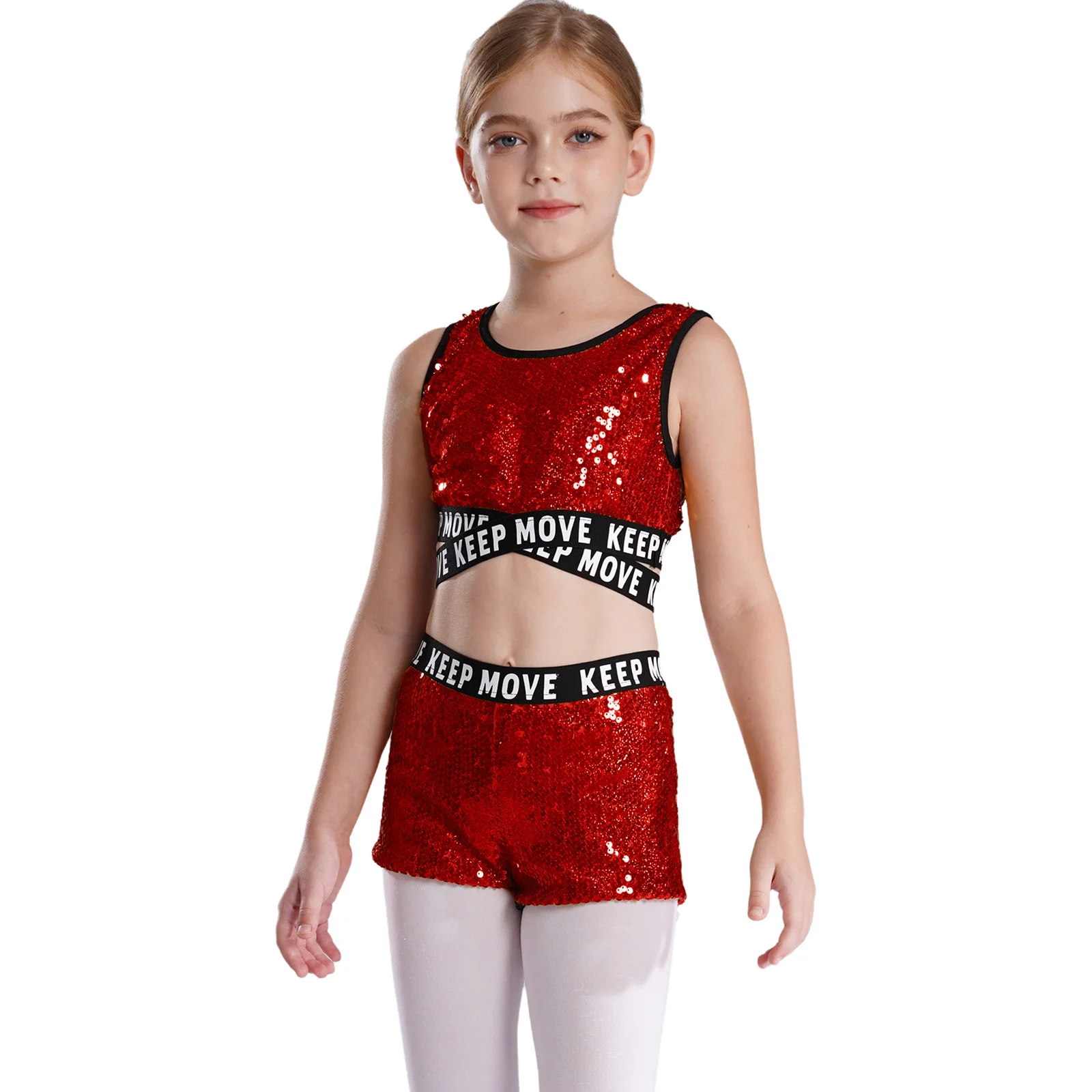 Kinder Mädchen Glänzende Pailletten Jazz Dance Outfits Ärmelloses Brief Drucken Träger Crop Top mit Shorts Bühne Performance Dancewear – Detail 18