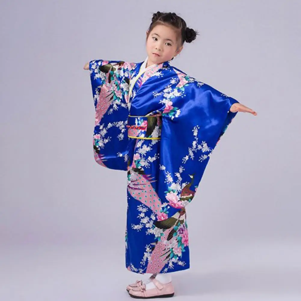 Kids Satin Floral Kimono Robe Girls Traditional Kimono Pajama Peacock Robe Bathrobe Girls Silky Satin Robes Sleepwear