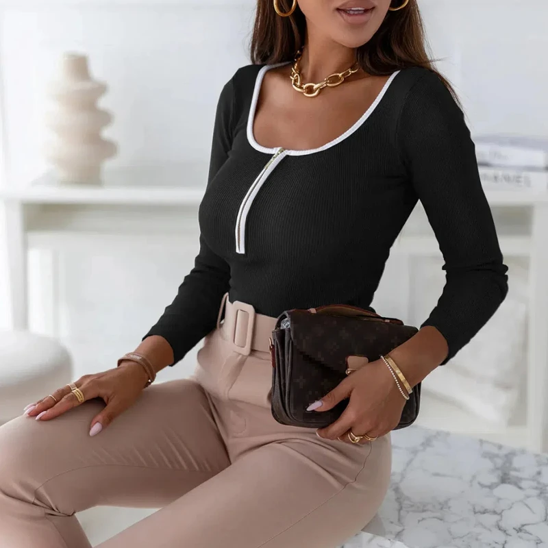 Autumn and Winter New Square Neck Contrasting Thread Slim Fit One-piece Long Sleeved Base Shirt T-shirt Women's Pullover 220