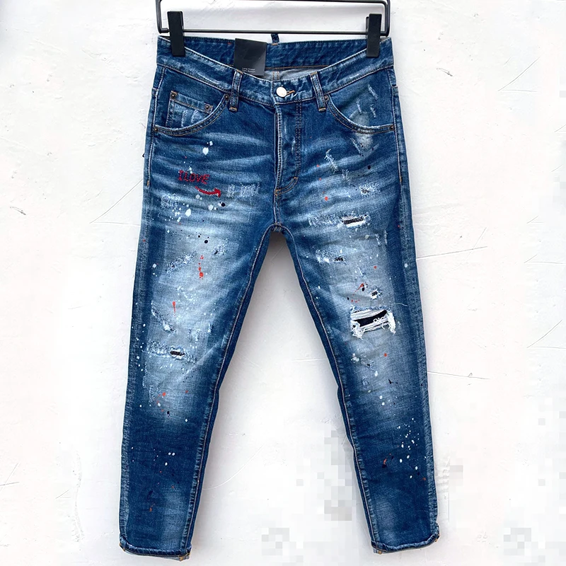 

2023 New Starbags DSQ Trendy men's wash, worn holes, patches, paint, ink, trim, small feet, blue jeans