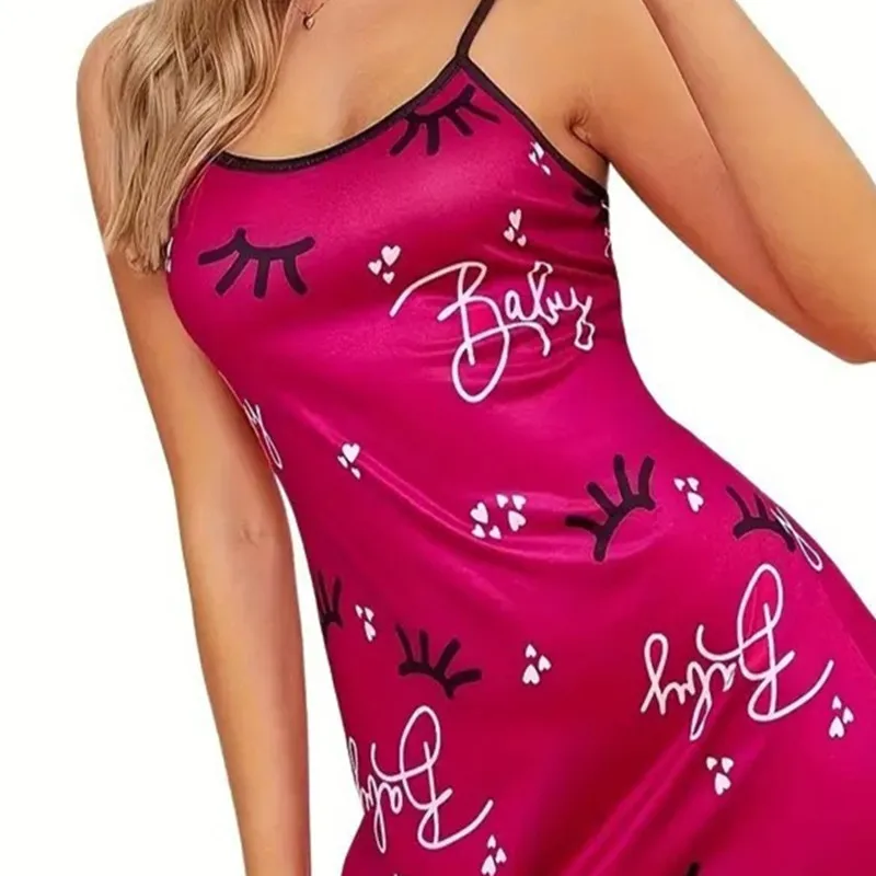Summer Thin Breathable Halter Dress Large Size Ladies . Eyelash Printed Spaghetti Strap Nightgown Backless Fashion Sleepwear
