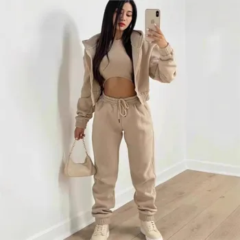 Women's 3 Piece Sets Suit Casual Long Sleeve Zip Hoodies Tank High Waist Sweatpants Jogger Pant Suits Sporty Three Pieces Outfit 1
