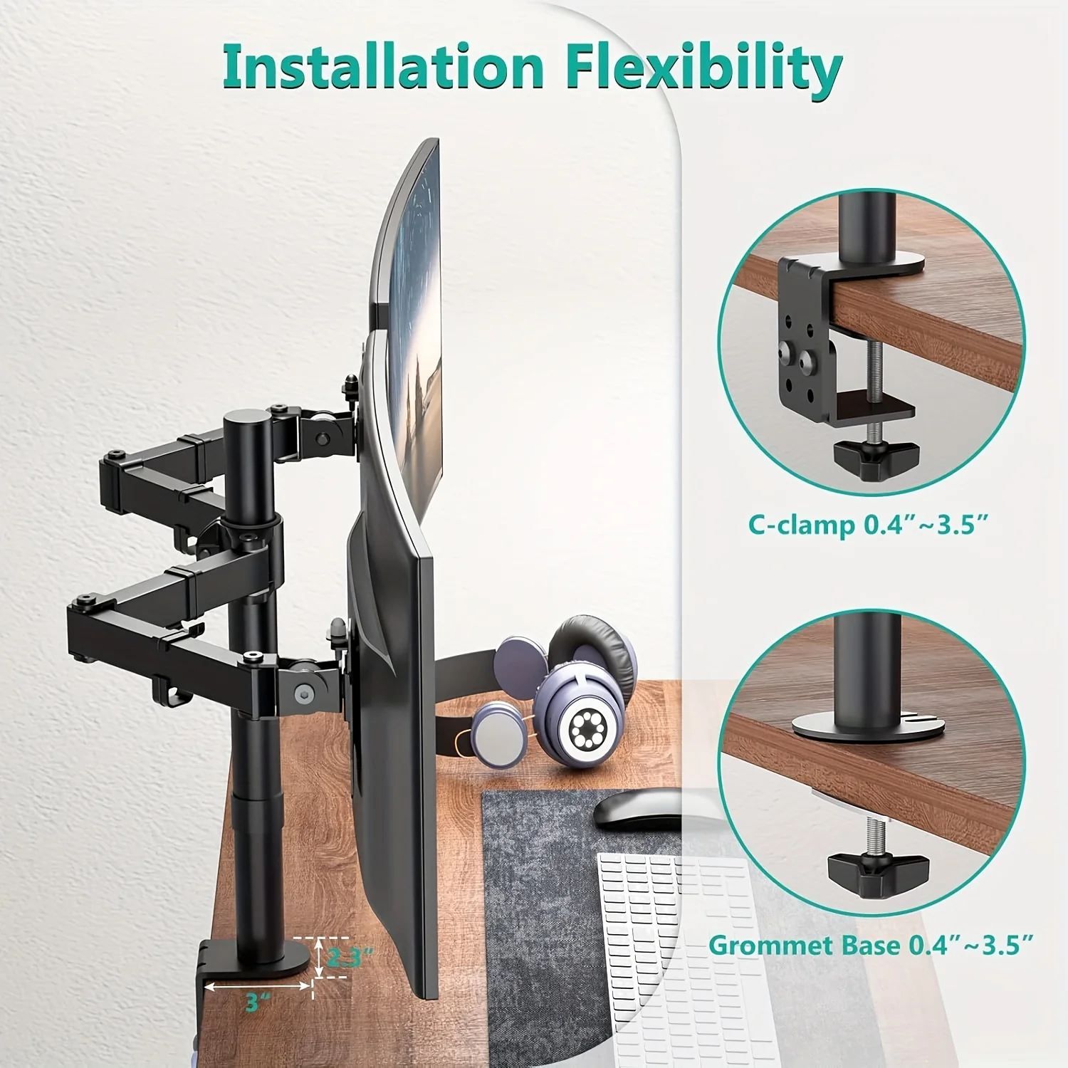 Monitor Desk Mount, Fully Adjustable Dual Monitor Arm for 2 Computer Screens up to 27 inch, Clamp Base Stand for Desk